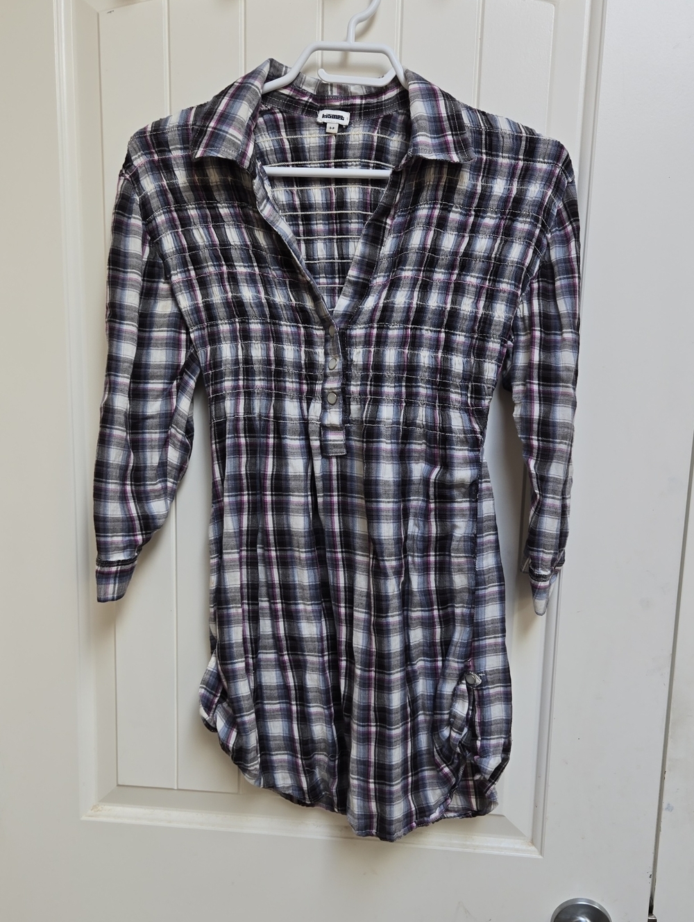 KISMET Cotton Black White Purple Plaid Button-Front Tunic Top Shirt Women's S